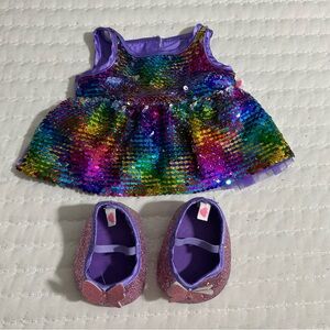 Build-A-Bear Rainbow Sequin Dress with Purple Shoes